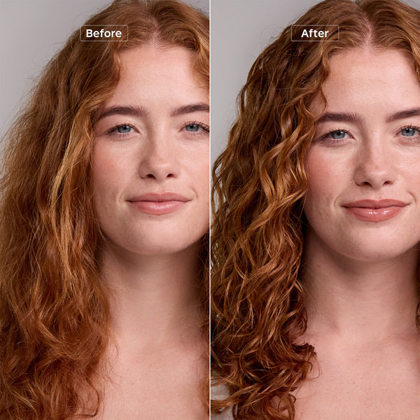 Before and after comparison of a woman with long, wavy auburn hair, showing the effect of a hair product or styling service. The left side is labeled 'Before' with looser, less defined waves, and the right side is labeled 'After' with smoother, more defined curls.
