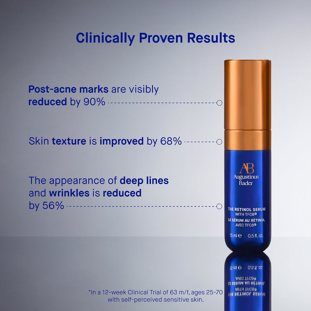 Augustinus Bader serum bottle with clinical benefits on a gray background