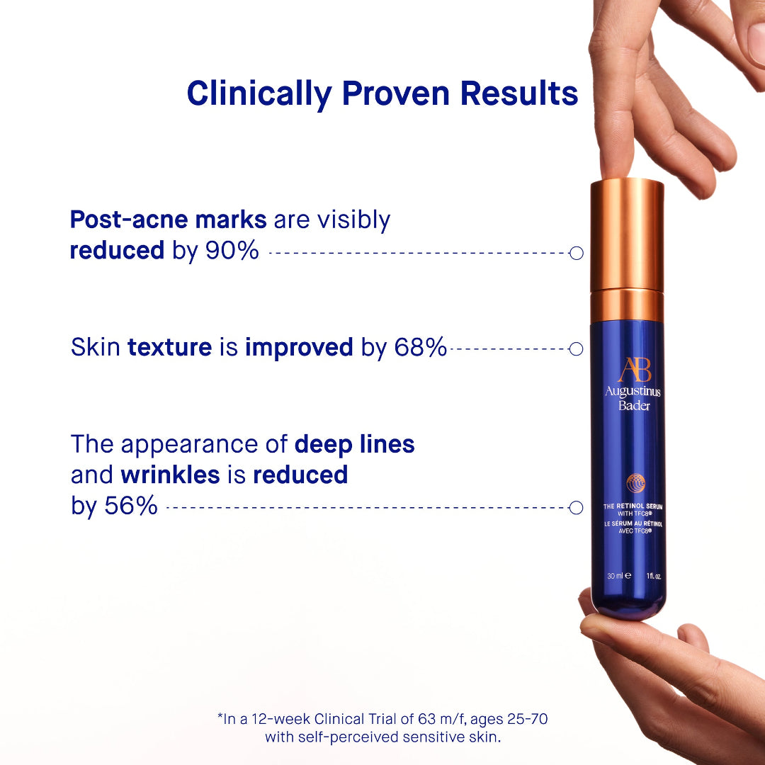 Cosmetic serum bottle with clinical benefits text on a white background