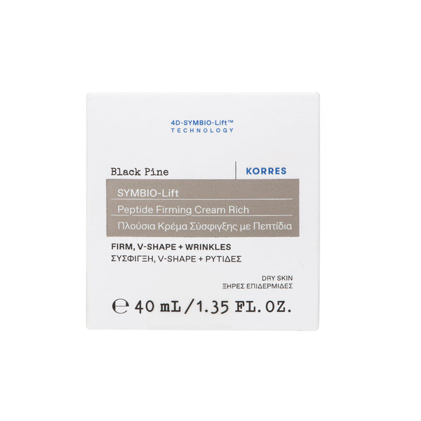 A white rectangular box of Korres Symbio-Lift Firming Cream Rich in Black Pine scent, featuring black and blue text on a clean white background.