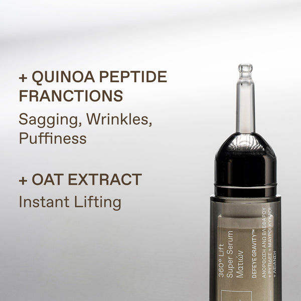 A close-up of a cosmetic serum bottle with a clear pipette tip on a light gray background, alongside text highlighting key ingredients: quinoa peptide fractions and oat extract.