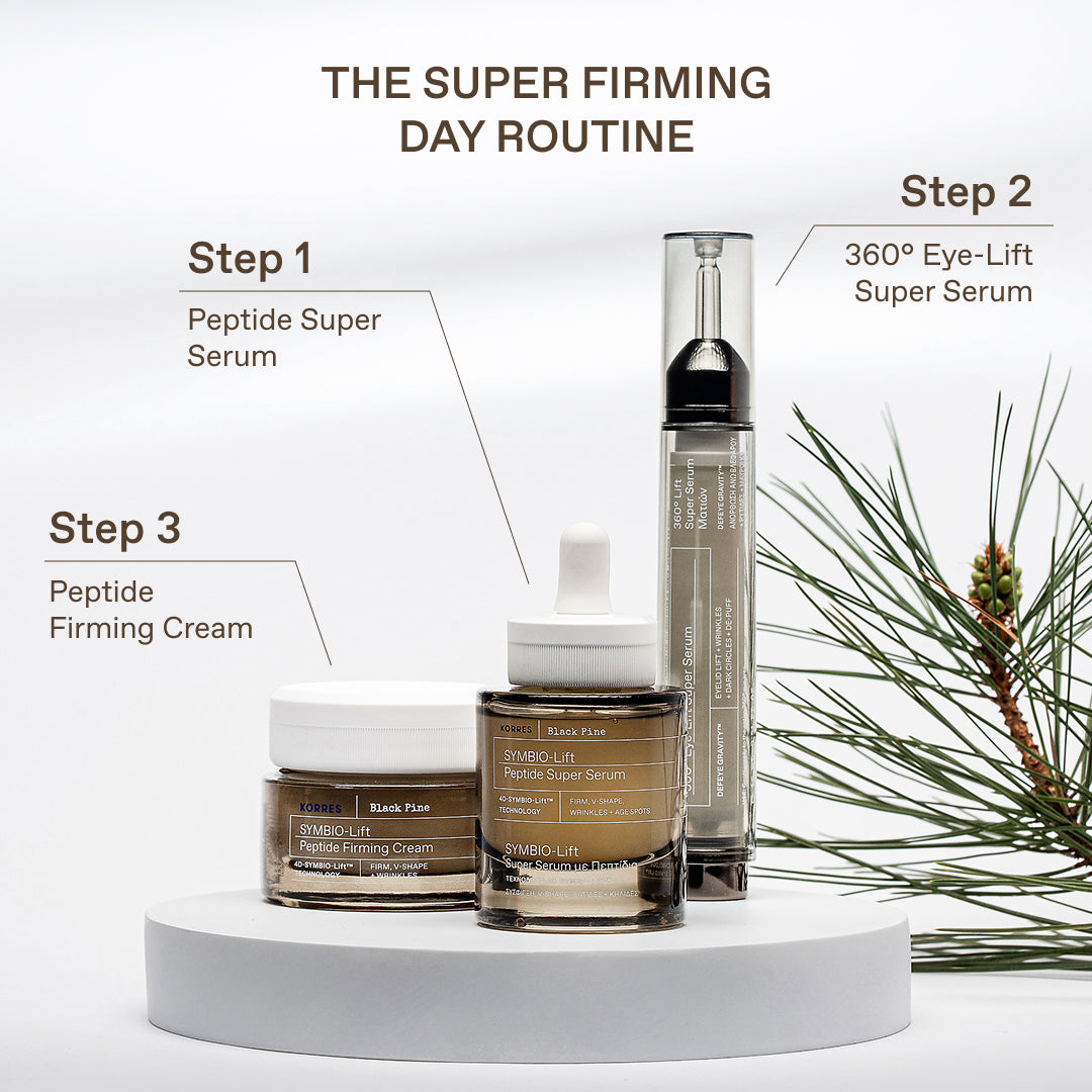 Three skincare products from SKIN1005 are displayed on a white pedestal with instructional text labels for a 'Super Firming Day Routine' against a clean white background with pine branches.