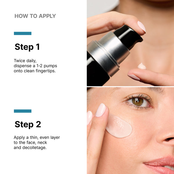 Instructions on how to apply a skincare product with close-up of application.