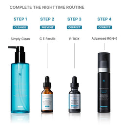Cosmetic products with step-by-step instructions for a nighttime skincare routine on a white background.