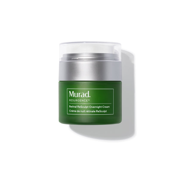 Green jar of Murad Resurgence Retinol ReSculpt Overnight Cream on a white background