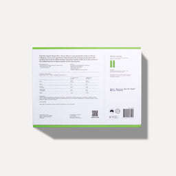 Back of a product packaging with text and QR code on a white background