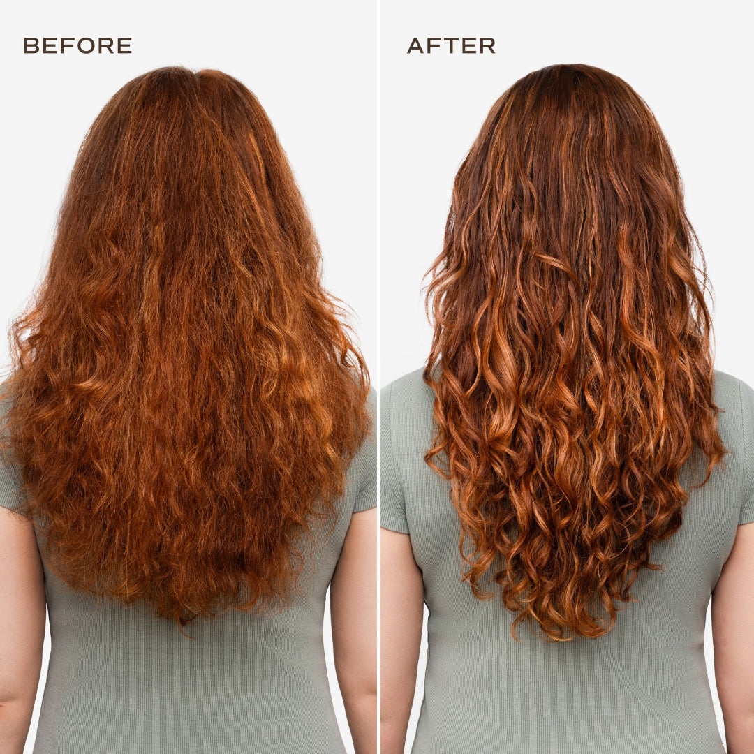 Before and after comparison of long, wavy hair with a neutral background