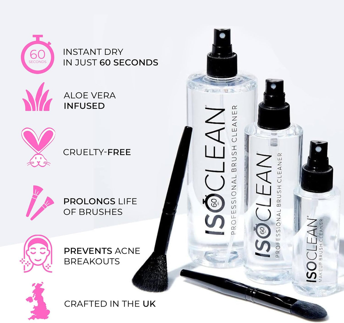 ISOCLEAN brush cleaner bottles with product features on a white background