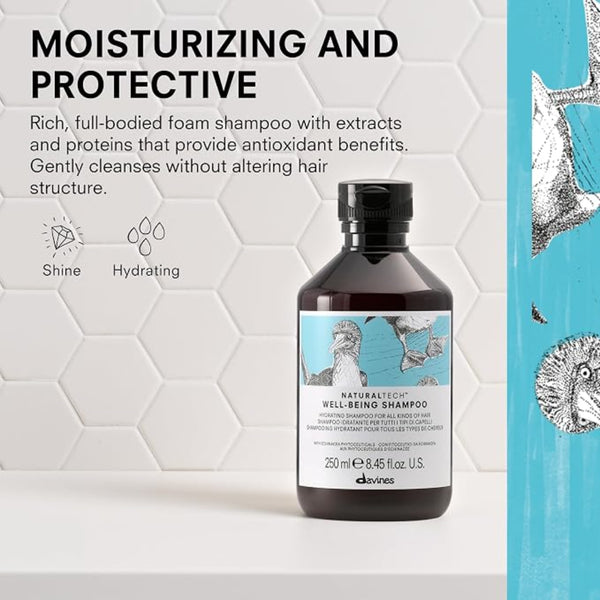 A bottle of d'orleans Natural 100+ Well-Being Shampoo centered against a white hexagonal tile background with promotional text on the left and a turquoise illustrated strip on the right.