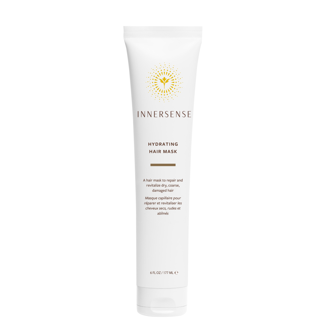 A white tube of Innersense Hydrating Hair Mask with gold and black text, centered on a plain white background.