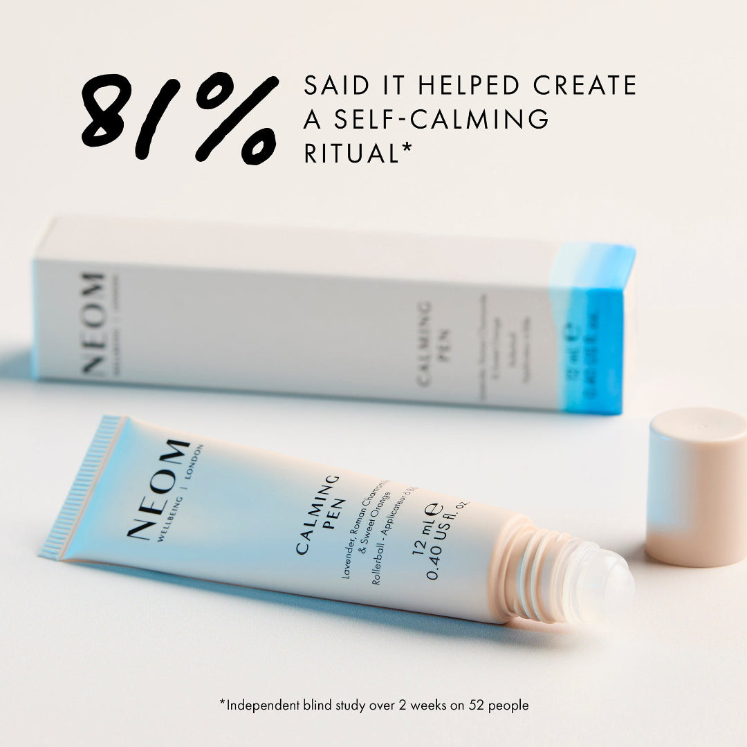 NEOM Calming Pen on a white background with text about a self-calming ritual.