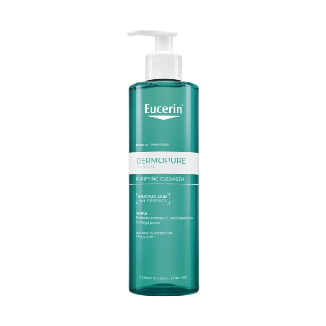 Eucerin Dermopure cleansing gel bottle on a white background