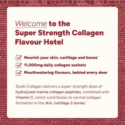 A promotional graphic for Zooki Collagen featuring a large cream-colored card with red text on a red brick background. The card reads 'Welcome to the Super Strength Collagen Flavour Hotel' and lists key benefits with checkmarks.