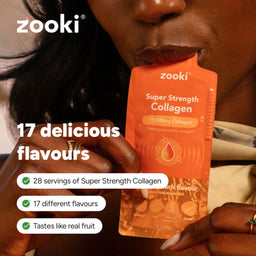 A close-up lifestyle shot of a woman holding an orange Zooki Super Strength Collagen pouch to her mouth. The image includes promotional text highlighting '17 delicious flavours' and key product benefits.