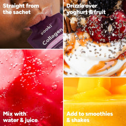 A four-panel collage showing a purple Zooki Collagen sachet being licked from the tip, a yogurt and fruit dish drizzled with syrup and topped with chia seeds, a red drink with bubbles and the text 'Mix with water & juice', and a smoothie with the text 'Add to smoothies & shakes'.