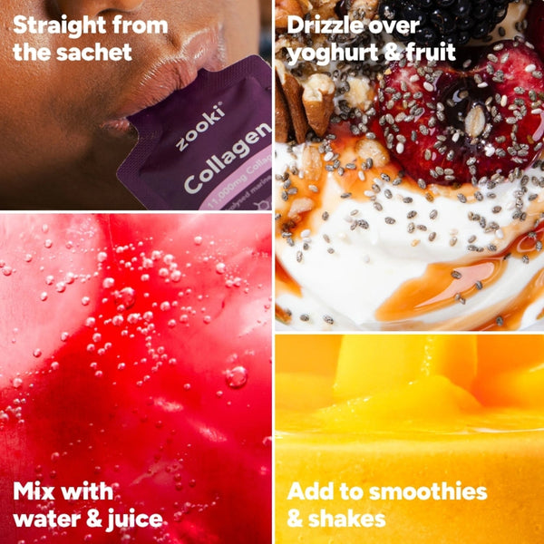 A four-panel collage showing a purple Zooki Collagen sachet being licked from the tip, a yogurt and fruit dish drizzled with syrup and topped with chia seeds, a red drink with bubbles and the text 'Mix with water & juice', and a smoothie with the text 'Add to smoothies & shakes'.