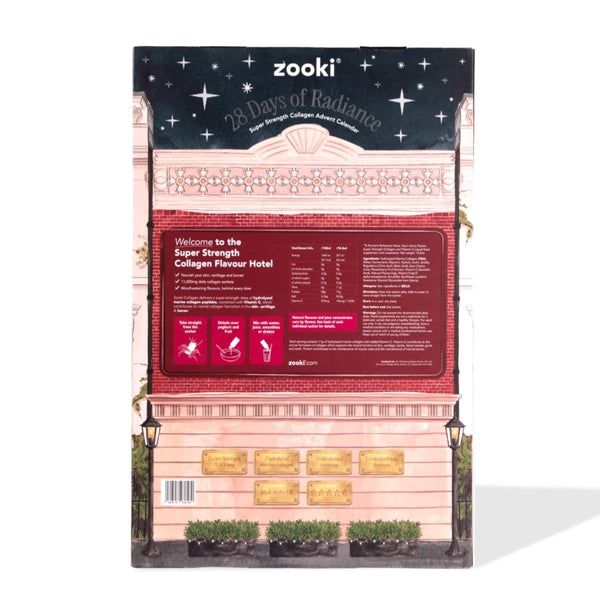 Zooki Collagen Flavour Hotel packaging, featuring a pink building facade design with a dark navy starry sky header and a large red product information panel.