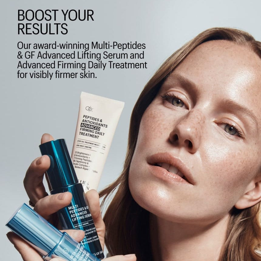 Woman holding skincare products with text about a multi-peptides and GF Advanced Lifting Serum.