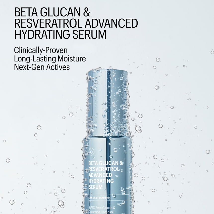 Bottle of Beta Glucan & Resveratrol Advanced Hydrating Serum with water droplets on a light gray background