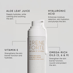 Irene Forte aloe face cream with ingredients listed on a gray background