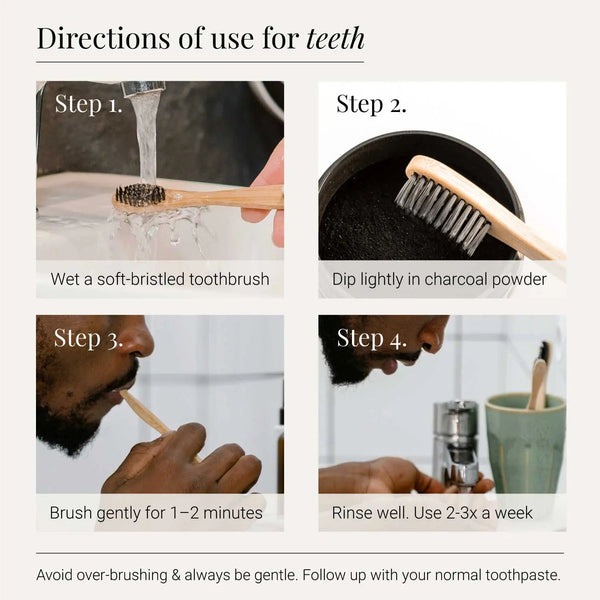 Step-by-step guide on using a toothbrush with charcoal powder for teeth cleaning.