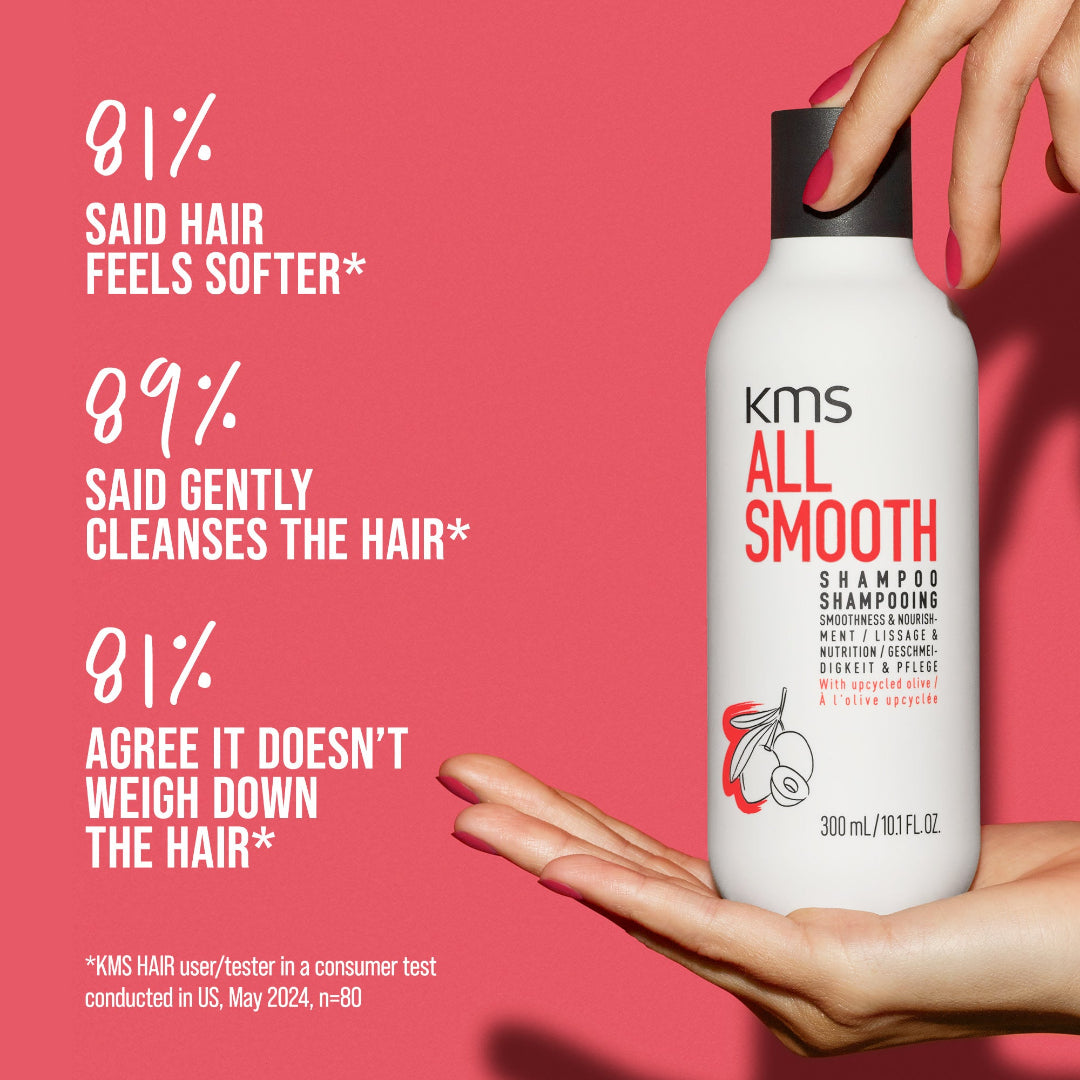 KMS All Smooth shampoo bottle held by a hand with positive user feedback on a pink background