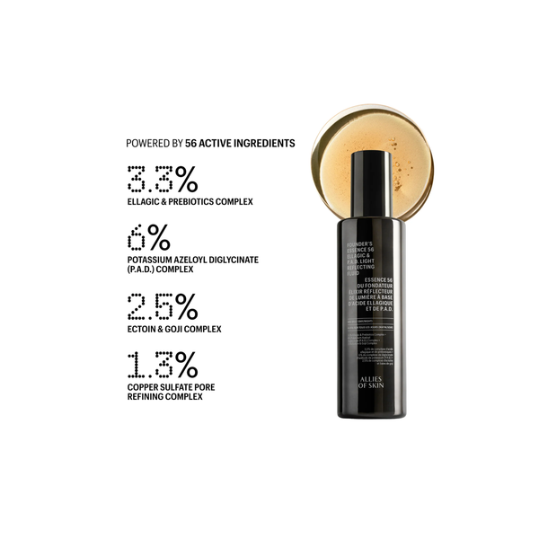 A black bottle of Alien of Skin Essence and Treatment Serum with a gold cap, shown next to text detailing its active ingredients on a white background.