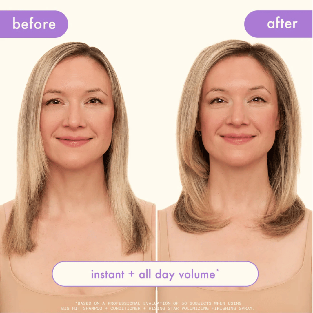 Before and after comparison of a woman with text 'instant + all day volume' on a beige background.