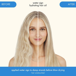 Before and after comparison of a woman's hair with water sign hydrating hair oil.