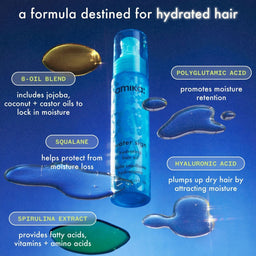 Amika hair product with ingredients listed on a blue background