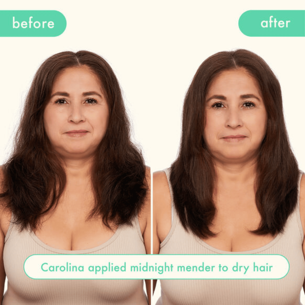 Before and after comparison of a woman with hair treated with 'Midnight Mender'.