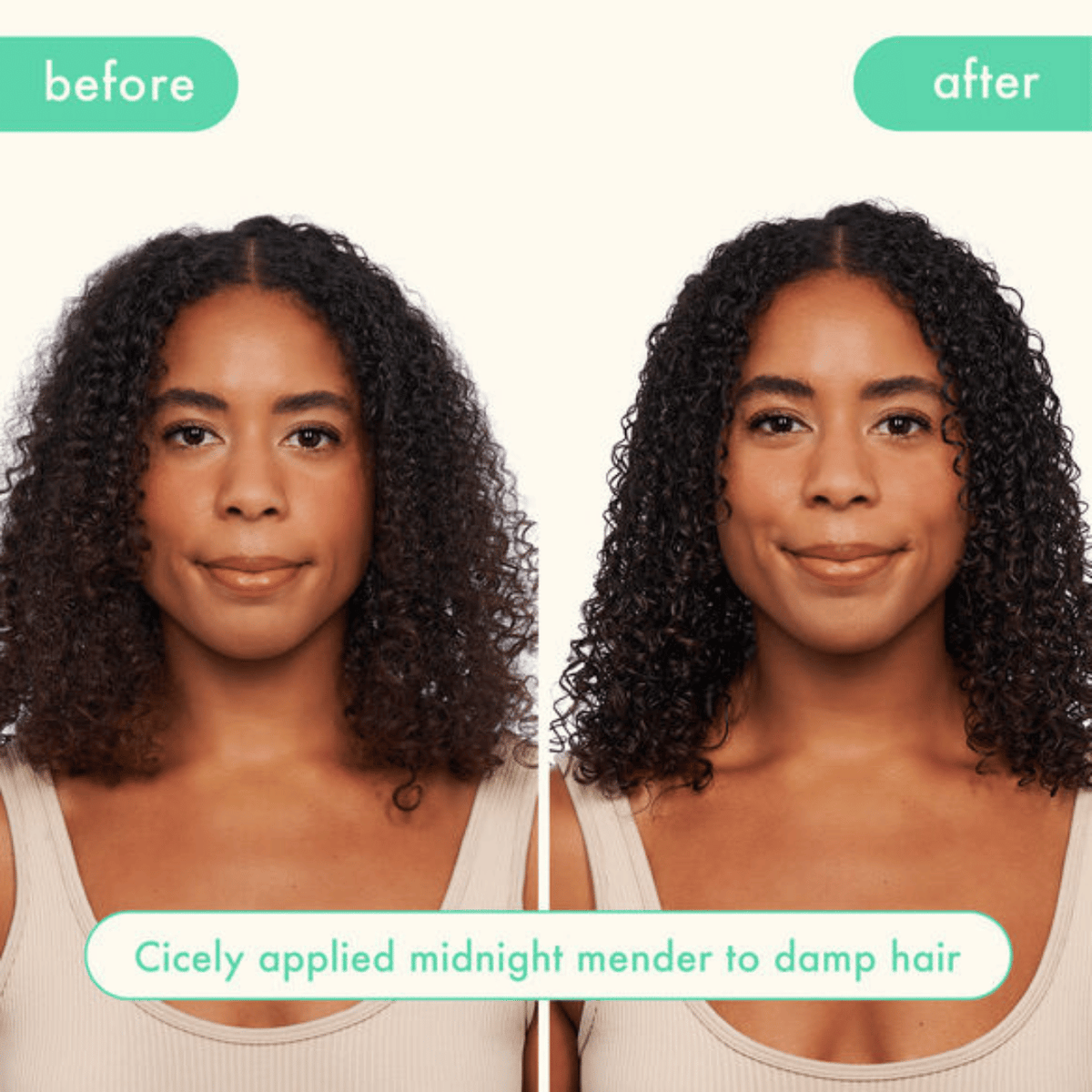 Before and after comparison of a woman's hair with text indicating product application.