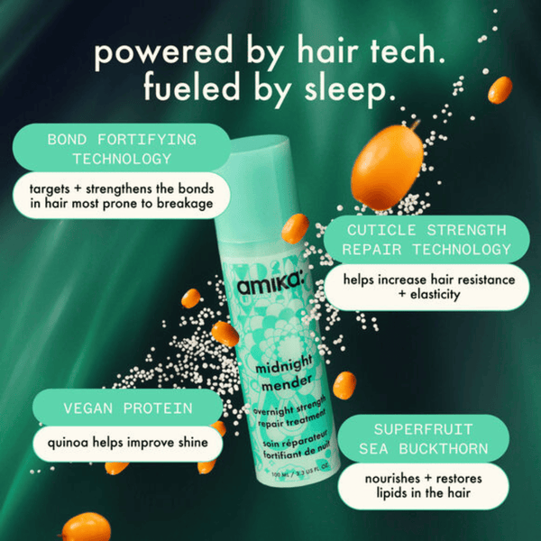 Amika midnight mender hair treatment bottle with text highlighting features on a green background