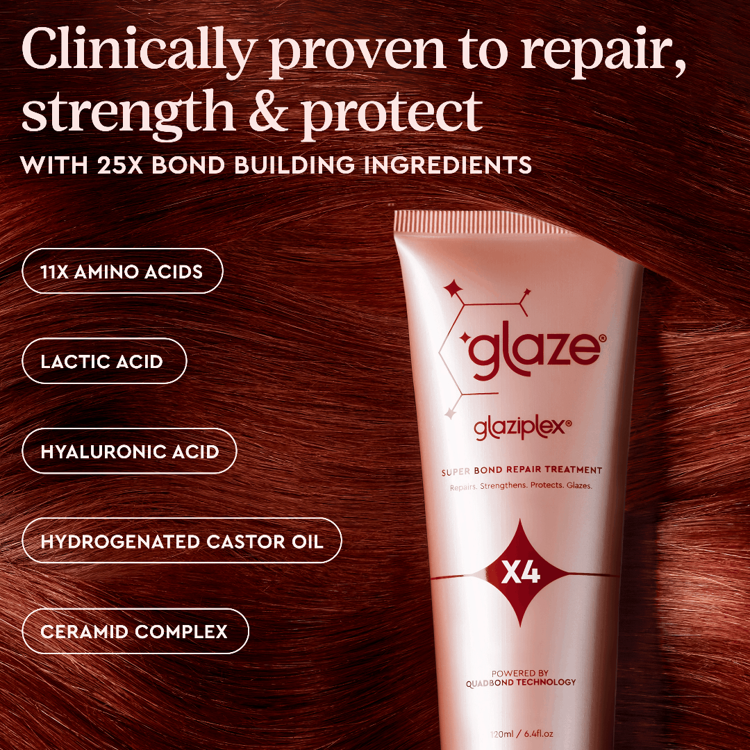 Glaze hair treatment tube with bond building ingredients on a brown hair background