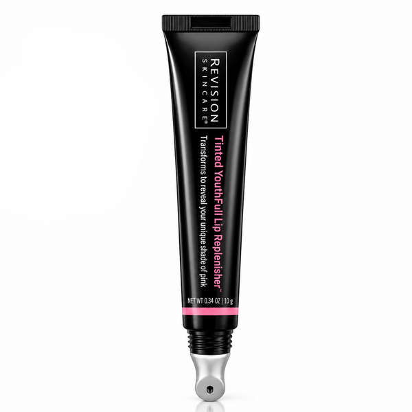 A black tube of Revision Skincare Timed Youthful Lip Repenister with pink and white text, shown on a white background next to a pink Good Housekeeping Institute 2026 Believe in Beauty Awards Winner badge.
