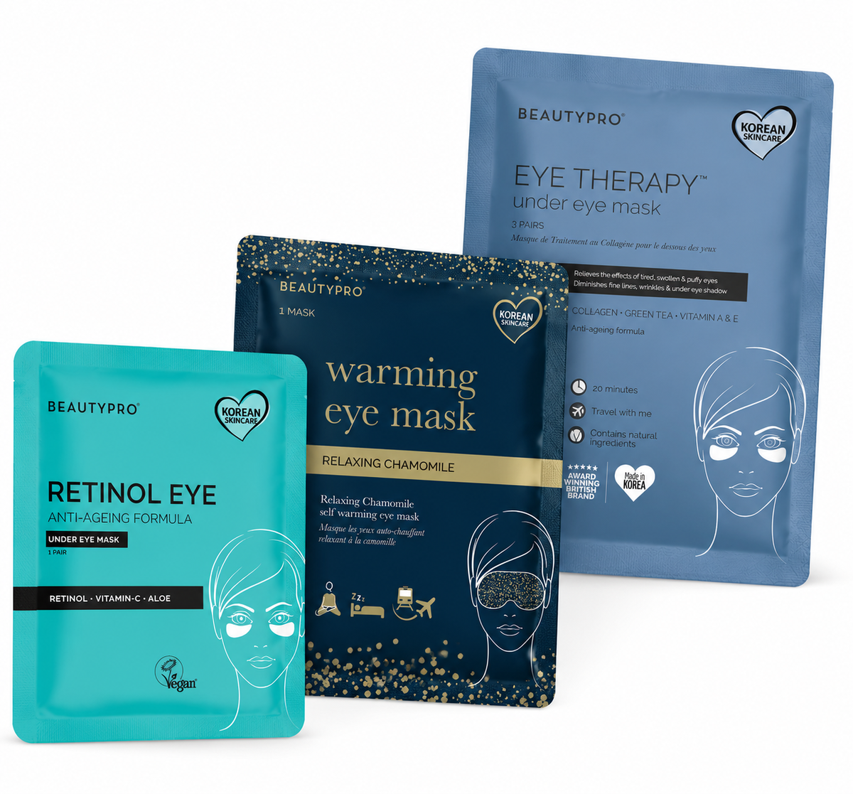 Three BEAUTYPRO under-eye mask packets arranged together on a white background: a turquoise Retinol Eye packet in front, a dark navy Warming Eye Mask packet in the middle, and a medium blue Eye Therapy packet behind.