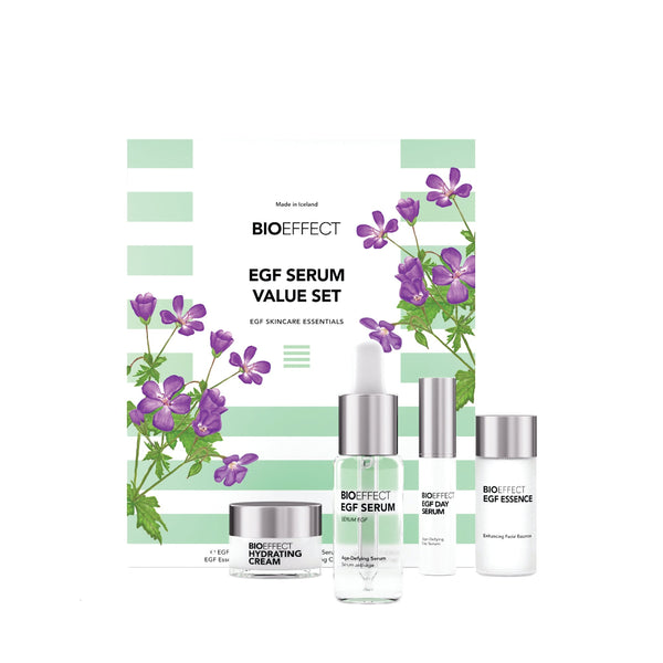 Bioeffect EGF Serum value set with bottles and packaging on a white background