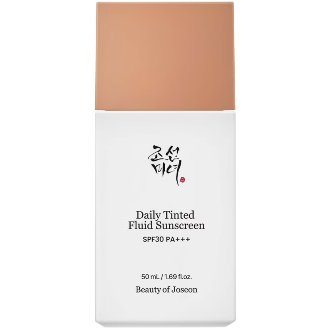 Daily Tinted Fluid Sunscreen bottle with beige cap and white body on a white background