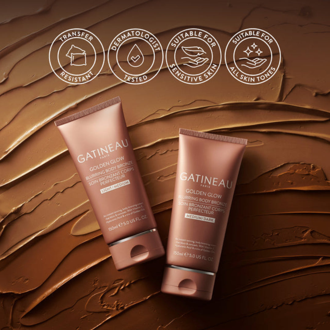 Two Gatineau Golden Glow products on a brown textured background with brand icons.
