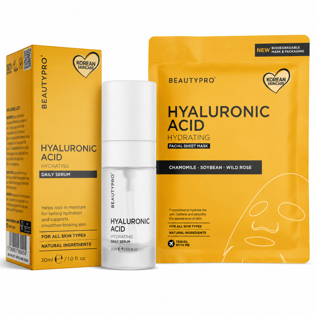 BeautyPro Hyaluronic Acid Hydrating Facial Sheet Mask pack with a yellow pouch and a white bottle of Daily Serum on a white background.