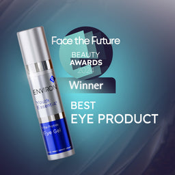 Environ Youth Essential eye gel with 'Face the Future Beauty Awards 2024' text on a blue gradient background