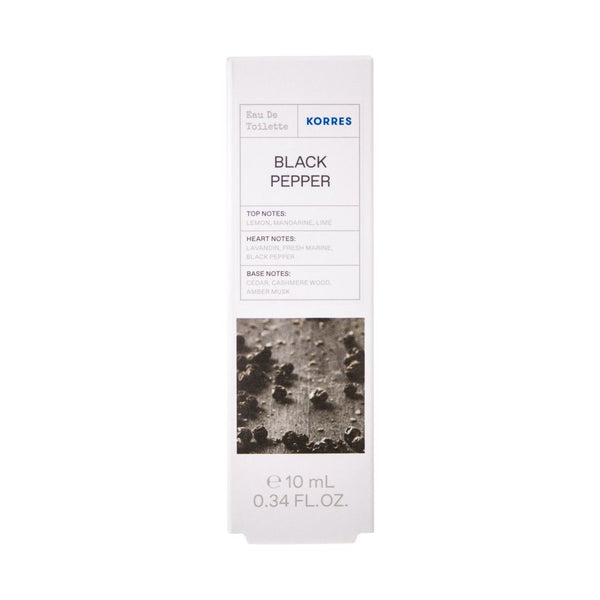 A tall, narrow white box for KORRES Black Pepper Eau De Toilette, featuring a textured black and gray image of peppercorns on the front, set against a plain white background.