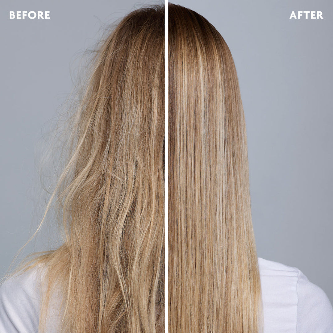 Before and after comparison of blonde hair on a gray background