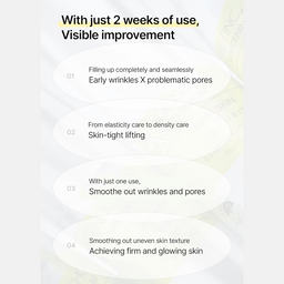 Text on a white background highlighting skin improvement benefits with a skincare product.