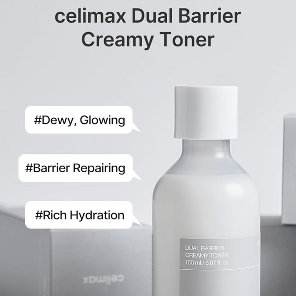 Celimax Dual Barrier Creamy Toner bottle with text highlighting benefits on a light gray background