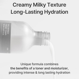 Bottle of cream with text highlighting creamy milky texture and long-lasting hydration.