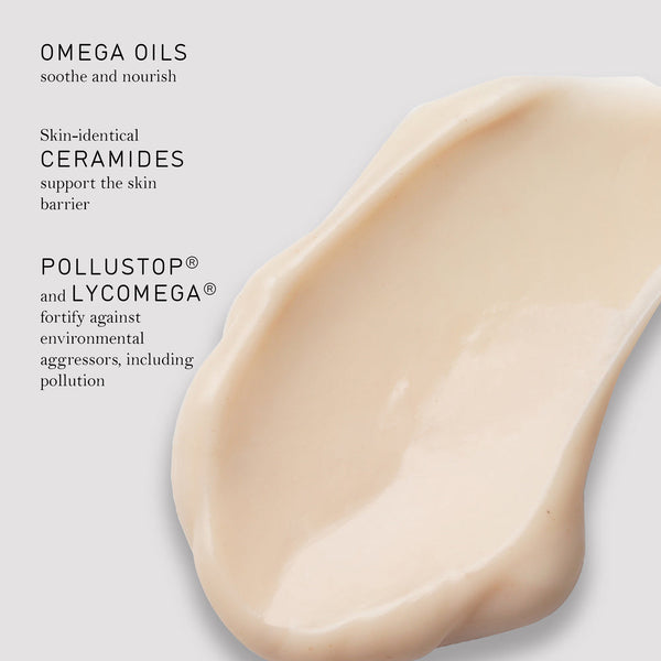 Close-up of a skincare product with text about omega oils, ceramides, Pollustop, and Lycomega on a light background.