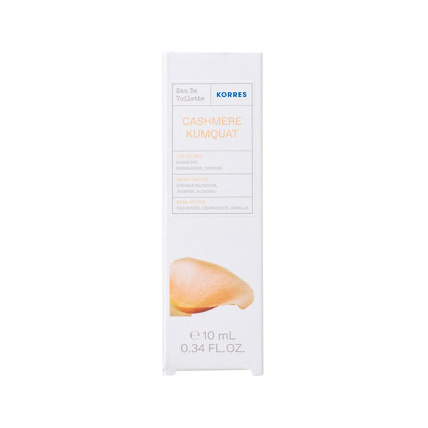 A tall, narrow white box of KORBES Cashmere Kumquat Eau De Toilette, featuring a peach-colored graphic of a cashmere wool texture on the lower half, set against a plain white background.