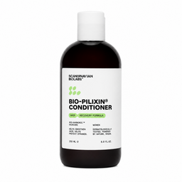A 250 mL bottle of Scandinavian Biologs Bio-Pilixin Conditioner for hair recovery, featuring a dark amber-brown bottle, white cap, and a white label with green accents.