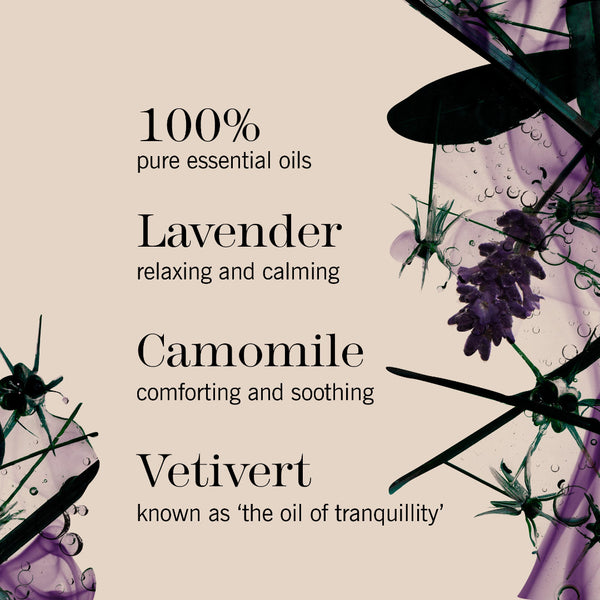 A square graphic with a warm beige background and decorative botanical illustrations in purple and dark green. Black text reads: '100% pure essential oils' with listed scents 'Lavender,' 'Camomile,' and 'Vetivert' and their benefits.